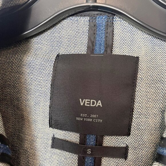 Veda Womens Moto Denim Jacket Leather Sleeve Blue S Wool Waterfall Blazer Crop - Picture 2 of 6